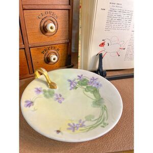 Vintage Floral Trinket‎ Dish with Gold Handle - Delicate Ceramic